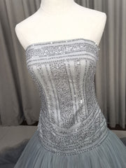 Classy Gown, Gray Tulle Beads Long Prom Dress Gray Tulle Formal Evening Graduation Dresses