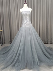 Dress Casual, Gray Tulle Beads Long Prom Dress Gray Tulle Formal Evening Graduation Dresses