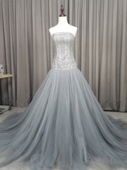 Party Dress Code Man, Gray Tulle Beads Long Prom Dress Gray Tulle Formal Evening Graduation Dresses