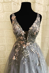 Party Dresses Short, Gray Tulle Lace long A-Line Prom Dress, Gray V-Neck Evening Party Dress
