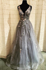 Party Dress Ideas, Gray Tulle Lace long A-Line Prom Dress, Gray V-Neck Evening Party Dress