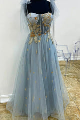 Bridesmaid Dress 2025, Gray Tulle Lace Long Prom Dress, A-Line Spaghetti Straps Evening Dress