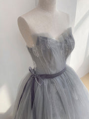 Homecoming Dress Sweetheart, Gray Tulle Lace Long Prom Dress, Gray Ball Gown Formal Dresses