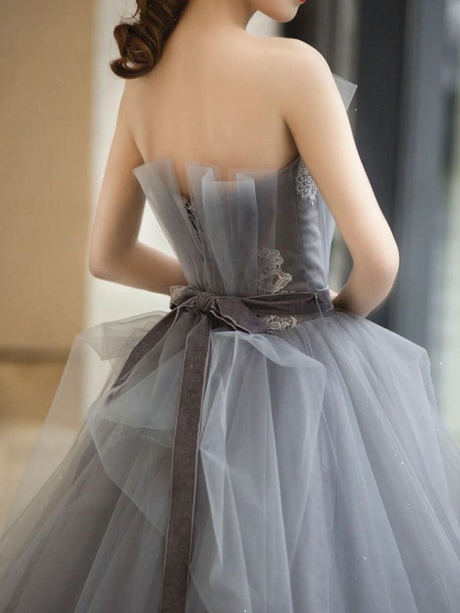 Homecoming Dresses For Middle School, Gray Tulle Lace Long Prom Dress, Gray Ball Gown Formal Dresses