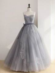 Homecomming Dress Vintage, Gray Tulle Lace Long Prom Dress, Gray Ball Gown Formal Dresses