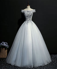 Bridesmaids Dresses Champagne, Gray Tulle Lace Off Shoulder Long Prom Gown Tulle Lace Evening Dress