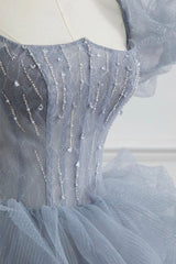 Evening Dress Prom, Gray Tulle Long A-Line Prom Dress, Gray Short Sleeve Evening Dress