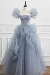 Evening Dresses Prom, Gray Tulle Long A-Line Prom Dress, Gray Short Sleeve Evening Dress