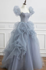 Evening Dresses Black, Gray Tulle Long A-Line Prom Dress, Gray Short Sleeve Evening Dress