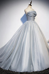Hoco Dress, Gray Tulle Long A-Line Prom Dress, Gray Strapless Formal Evening Gown