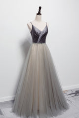 Party Dress Trends, Gray Tulle Long A-Line Prom Dress, V-Neck Spaghetti Straps Evening Dress