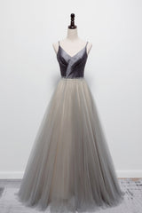 Party Dress Outfit, Gray Tulle Long A-Line Prom Dress, V-Neck Spaghetti Straps Evening Dress