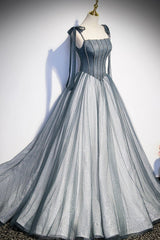 Evening Dress Mermaid, Gray Tulle Long A-Line Prom Dress with Beaded, Spaghetti Straps Gray Evening Dress