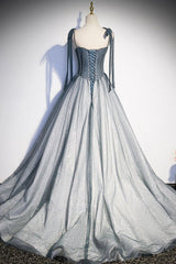 Evening Dress Vintage, Gray Tulle Long A-Line Prom Dress with Beaded, Spaghetti Straps Gray Evening Dress