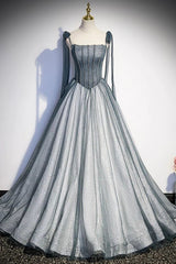 Evening Dresses Green, Gray Tulle Long A-Line Prom Dress with Beaded, Spaghetti Straps Gray Evening Dress