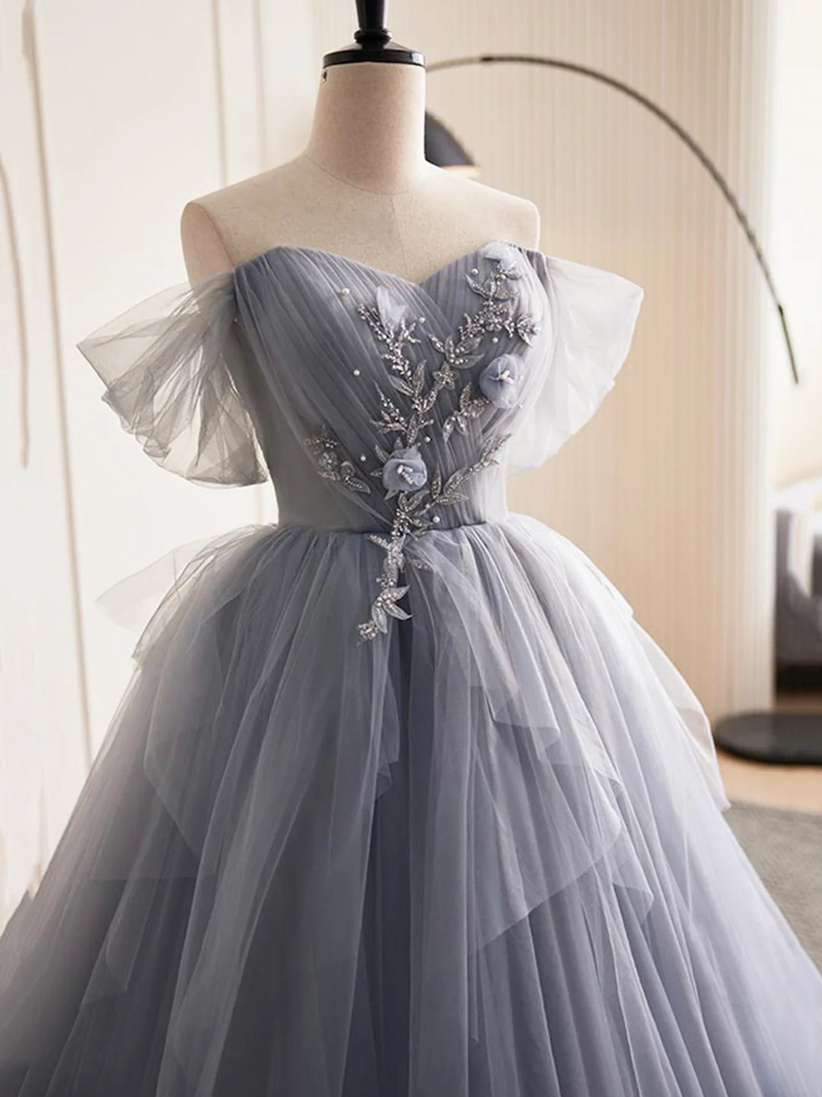 Party Dress Jeans, Gray Tulle Long Floral Prom Dresses, Gray Tulle Long Lace Formal Evening Dresses