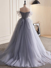 Black Dress Classy, Gray Tulle Long Floral Prom Dresses, Gray Tulle Long Lace Formal Evening Dresses
