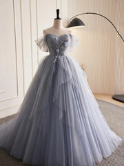 Party Dress Quotesparty Dresses Wedding, Gray Tulle Long Floral Prom Dresses, Gray Tulle Long Lace Formal Evening Dresses