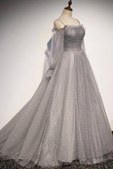 Bridesmaid Dresses Dark, Gray Tulle Long Sleeve A-Line Prom Dress, Spaghetti Straps Formal Evening Dress