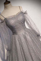 Bridesmaid Dress Dark, Gray Tulle Long Sleeve A-Line Prom Dress, Spaghetti Straps Formal Evening Dress