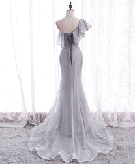 Prom Dress Long Blue, Gray Tulle Mermaid Long Prom Dress Gray Tulle Formal Dress