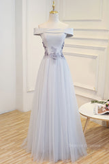 Bridesmaid Dresses Uk, Gray tulle off shoulder lace long prom dress gray tulle formal dress