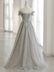 Prom Dresses Floral, Gray Tulle Sequin Lace Off Shoulder Long Prom Dress, Gray Evening Dress