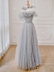 Evening Dress Modest, Gray tulle sequin long prom dress, gray tulle formal dress