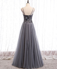 Prom Dress Emerald Green, Gray Tulle Sequin Long Prom Dress, Gray Tulle Formal Dress with Beading Sequin