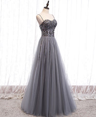 Prom Dresses Emerald Green, Gray Tulle Sequin Long Prom Dress, Gray Tulle Formal Dress with Beading Sequin