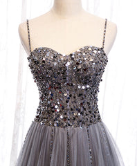 Prom Dress Modest, Gray Tulle Sequin Long Prom Dress, Gray Tulle Formal Dress with Beading Sequin