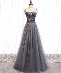 Prom Dress Styling Hair, Gray Tulle Sequin Long Prom Dress, Gray Tulle Formal Dress with Beading Sequin