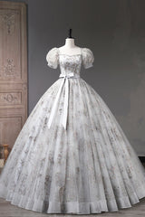 Formal Dress Website, Gray Tulle Sequins Long Prom Dress, A-Line Evening Party Dress