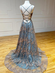 Prom Look, Gray Tulle Sequins Long Prom Dresses, A-Line Spaghetti Straps Formal Dresses