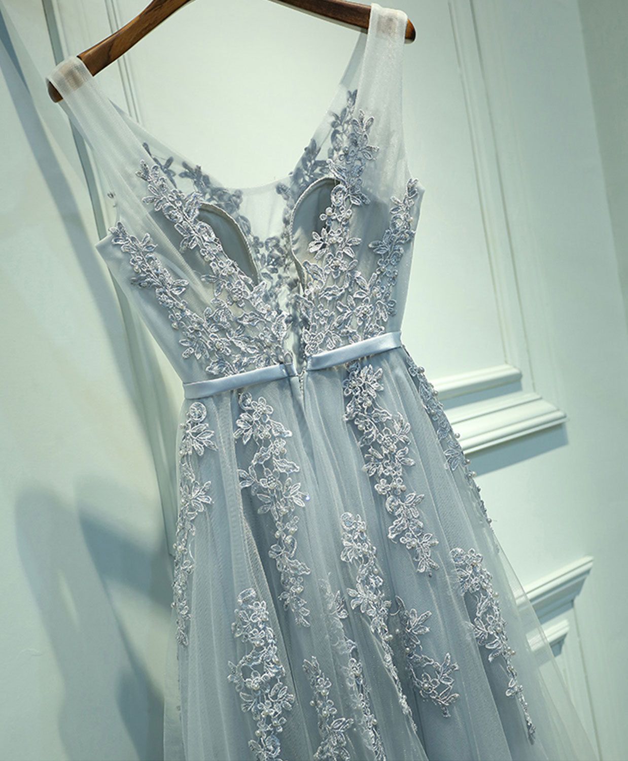 Prom Dress With Sleeve, Gray V Neck Lace Tulle Long Prom Dress, Lace Evening Dress