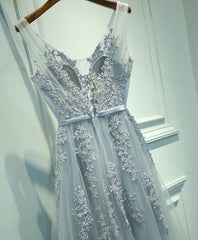 Prom Dress With Sleeve, Gray V Neck Lace Tulle Long Prom Dress, Lace Evening Dress