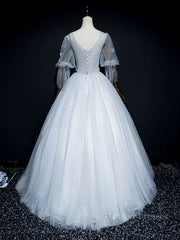 Evening Dresses For Over 73S, Gray v neck tulle lace long prom dress, gray tulle lace evening dress