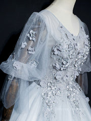 Evening Dresses For Over 73, Gray v neck tulle lace long prom dress, gray tulle lace evening dress