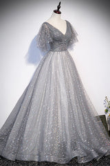 Party Dress Names, Gray V-Neck Tulle Sequins Long Prom Dress, A-Line Short Sleeve Evening Dress