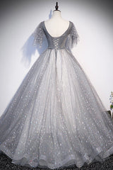 Party Dresses For Christmas, Gray V-Neck Tulle Sequins Long Prom Dress, A-Line Short Sleeve Evening Dress