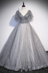 Party Dress Name, Gray V-Neck Tulle Sequins Long Prom Dress, A-Line Short Sleeve Evening Dress