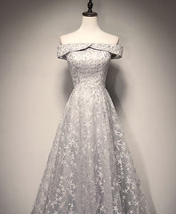 Bridesmaid Dresses Sleeveless, Gray White Tulle Lace Long Prom Dress Tulle Lace Formal Dress