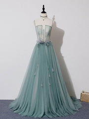 Prom Dress Casual, Green A Line Lace Long Prom Dresses, A Line Green Lace Long Formal Evening Dresses