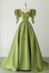 Party Dress Casual, Green A-Line Long Prom Dress Strawberry Lace, Lovely Short Sleeve Evening Dress