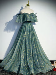 Bow Dress, Green A line Tulle Long Prom Dresses, Green Graduation Dresses