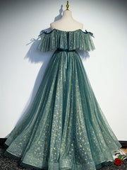 Semi Formal, Green A line Tulle Long Prom Dresses, Green Graduation Dresses