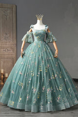 Formal Dresses With Sleeve, Green Lace Long A-Line Formal Dress, Spaghetti Strap Evening Gown