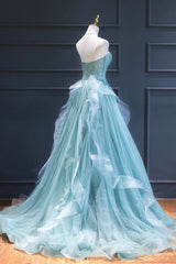 Formal Dresses For 13 Year Olds, Green Lace Tulle A-Line Long Formal Dress, Green Strapless Evening Dress