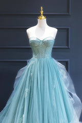 Formal Dresses For Wedding Guests, Green Lace Tulle A-Line Long Formal Dress, Green Strapless Evening Dress