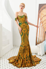 Evening Dresses Cheap, Mermaid Sequined Sheath Off Shoulde Prom Dresses with Fitted Bodice